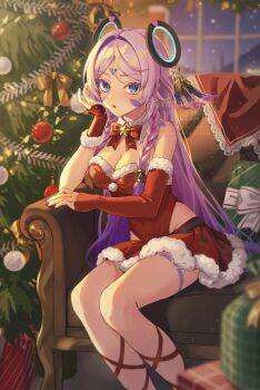 1girl asymmetrical_gloves bare_shoulders blue_eyes bow bowtie braid breasts christmas_tree citlali_(genshin_impact) cleavage collar commentary detached_collar facial_mark fingerless_gloves fingernails floating_headgear forehead_mark fur-trimmed_gloves fur-trimmed_leotard fur-trimmed_skirt fur_trim genshin_impact gloves gradient_hair headgear highres indoors leotard long_hair looking_at_viewer manunnu medium_breasts multicolored_hair nail_polish night parted_lips pink_hair pink_pupils purple_hair purple_nails red_bow red_bowtie red_gloves red_leotard red_skirt sitting skirt solo strapless strapless_leotard symbol-only_commentary twin_braids uneven_gloves very_long_hair white_collar