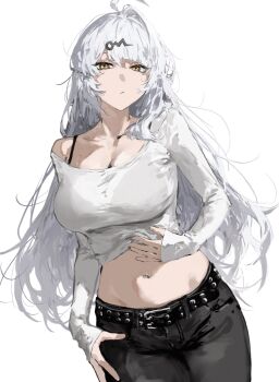 1girl :/ alternate_costume belt black_belt black_pants bra_strap breasts casual highres large_breasts long_hair long_sleeves looking_at_viewer midriff navel pants raberu_ruru shirt single_off_shoulder sleeves_past_wrists solo white_hair white_shirt yellow_eyes yin_yang_pin yixuan_(zenless_zone_zero) zenless_zone_zero