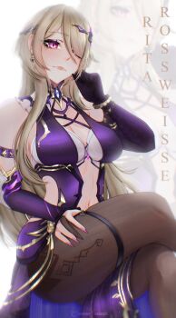 Rule 34 | 1girl, absurdres, black pantyhose, bra, breasts, character name, commentary, commission, crossed legs, dress, earrings, english commentary, gloves, hibahria, highres, honkai (series), honkai impact 3rd, jewelry, large breasts, long hair, navel, pantyhose, purple dress, purple eyes, purple gloves, revealing clothes, rita rossweisse, rita rossweisse (miss espionage), single glove, sitting, solo, underwear, very long hair, vgen commission, white bra
