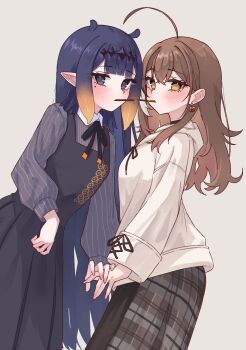 2girls ahoge berry black_choker black_dress blue_eyes blunt_bangs blush brown_eyes brown_hair brown_skirt choker commentary crossed_bangs diamond_hairband dress earrings english_commentary food food-themed_earrings food_in_mouth gradient_hair highres holding_hands hololive hololive_english hood hoodie jewelry long_hair long_skirt long_sleeves looking_at_viewer magui3 mole mole_under_eye multicolored_hair multiple_girls nanashi_mumei nanashi_mumei_(casual) ninomae_ina'nis ninomae_ina'nis_(casual) official_alternate_costume orange_hair pinafore_dress pinstripe_pattern plaid_clothes plaid_skirt pocky pocky_in_mouth pocky_kiss pointy_ears purple_hair shared_food shirt sidelocks simple_background skirt sleeveless sleeveless_dress streaked_hair tentacle_hair very_long_hair virtual_youtuber white_background white_hoodie yuri