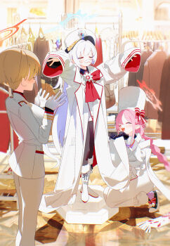 3girls absurdres arms_up black_gloves black_pants blonde_hair blue_archive blue_halo blush bm_tol boots bow bowtie braid braided_ponytail breasts cherino_(blue_archive) child closed_eyes clothes_hanger clothes_rack clothes_shop coat commentary fake_facial_hair fake_mustache flat_chest fur-trimmed_boots fur_hat fur_trim gear_halo gloves hair_bow hair_intakes half_gloves halo hat high_heels highres indoors jacket lapels large_breasts lifting_another's_clothes long_hair marina_(blue_archive) military_uniform multiple_girls notched_lapels open_mouth oversized_clothes pants pedestal pink_hair raised_eyebrows red_bow red_bowtie red_halo red_trim red_winter_federal_academy_logo round_teeth shako_cap shop shopping short_hair sidelocks single_braid sleeves_past_fingers sleeves_past_wrists slice_of_life squatting standing striped_bow teeth tomoe_(blue_archive) trying_on_clothes undershirt unworn_clothes very_long_hair white_boots white_coat white_gloves white_hair white_jacket white_pants
