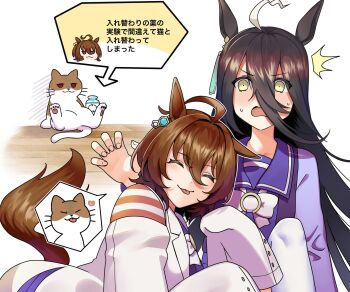 2girls agnes_tachyon_(umamusume) animal_ears body_switch cat highres horse_ears horse_girl horse_tail katwo manhattan_cafe_(umamusume) multiple_girls personality_switch surprised tail tongue tongue_out translated umamusume