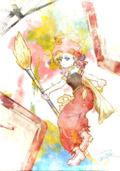 1girl armband beret black_shirt blonde_hair blue_eyes boots closed_mouth commentary earrings final_fantasy final_fantasy_vi frilled_armband frills hat holding holding_paintbrush jewelry paintbrush pants pink_boots pink_hat red_pants relm_arrowny ruka_(blueplus84) shirt short_hair smile solo sphere_earrings strapless strapless_shirt striped_armband striped_clothes twitter_username