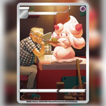 1boy :d alcremie alcremie_(strawberry_sweet) alcremie_(vanilla_cream) blue_eyes brown_hair cafe_master_(pokemon) card_(medium) closed_mouth commentary company_name copyright_name copyright_notice cup drink english_commentary gen_8_pokemon grey_hair grey_pants head_rest holding indoors light_particles mug multicolored_hair nintendo official_art okacheke on_counter open_mouth pants plaid_clothes plaid_shirt pokemon pokemon_(creature) pokemon_card pokemon_swsh pokemon_tcg red_eyes shirt short_hair short_sleeves sitting smile textless_version third-party_source trading_card two-tone_hair whipped_cream