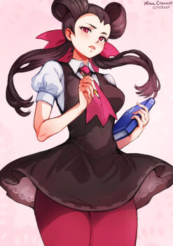 1girl book breasts brown_hair collared_shirt commentary dated dress eyelashes hair_ribbon hair_rings highres holding holding_book holding_pencil long_hair mina_cream necktie nintendo pantyhose pencil pink_background pink_eyes pink_necktie pink_pantyhose pink_ribbon pokemon pokemon_oras ribbon roxanne_(pokemon) shirt short_sleeves signature sleeveless sleeveless_dress solo twintails white_shirt