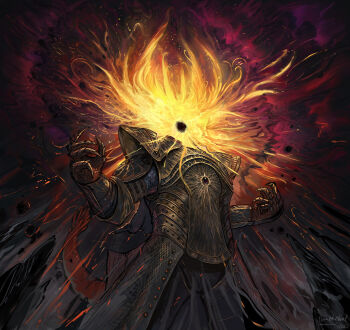 1other arm_at_side armor breastplate cape commentary elden_ring embers ending english_commentary facing_away feet_out_of_frame fire fire gauntlets gem gold_armor grey_cape hood hood_down jewelry lord_of_the_frenzied_flame_(elden_ring) outside_border pauldrons shoulder_armor solo spoilers standing tarnished_(elden_ring) themefinland