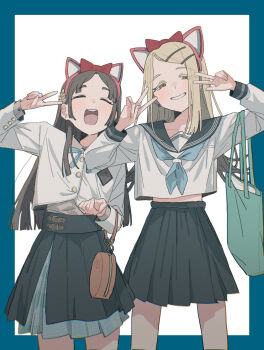 2girls ^_^ absurdres animal_ear_hairband animal_ears black_overskirt black_sailor_collar black_skirt blonde_hair blue_neckerchief blue_ribbon blue_skirt blush brown_hair cat_ear_hairband cat_ears closed_eyes collarbone commentary_request fake_animal_ears flipped_hair full_burrrrrrst gakuen_idolmaster gradient_hair grey_hair hairband hatsuboshi_gakuen_school_uniform highres idolmaster jacket kuramoto_china long_sleeves looking_at_viewer midriff multicolored_hair multiple_girls neck_ribbon neckerchief pleated_skirt ribbon sailor_collar school_uniform serafuku shinosawa_hiro shirt simple_background skirt skirt_rolled_up smile straight_hair v w white_background white_jacket white_shirt