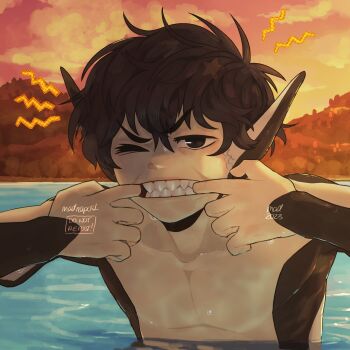 1boy 2023 alternate_species alternate_universe antenna_hair artist_name black_eyes black_hair collarbone commentary english_commentary hair_between_eyes highres looking_at_viewer madnopost male_focus mouth_pull omori one_eye_closed open_mouth outdoors portrait sharp_teeth short_hair solo sunny_(omori) teeth twitter_username water