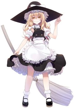 1girl adjusting_clothes adjusting_headwear apron arm_up black_hat black_shoes black_skirt black_vest blonde_hair bow bowtie broom buttons closed_mouth commentary_request crote frilled_apron frilled_skirt frills full_body hair_between_eyes hat hat_ribbon highres holding holding_broom index_finger_raised kirisame_marisa large_variant_set legs_apart long_hair looking_at_viewer mary_janes puffy_short_sleeves puffy_sleeves ribbon shoes short_sleeves skirt smile socks solo standing tachi-e touhou transparent_background variant_set vest white_apron white_bow white_ribbon white_socks witch_hat yellow_eyes