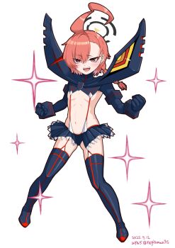 1girl ahoge alternate_costume black_boots black_shrug black_skirt blue_archive blush boots braid breasts cosplay crossover dated garter_straps hair_tie halo huge_ahoge kill_la_kill koshimizu_ami matoi_ryuuko matoi_ryuuko_(cosplay) medium_hair miniskirt mole mole_under_eye negitaman neru_(blue_archive) open_mouth orange_hair red_eyes revealing_clothes senketsu shrug_(clothing) side_braid skirt slit_pupils small_breasts solo sparkle standing suspender_skirt suspenders thigh_boots twitter_username voice_actor_connection white_background