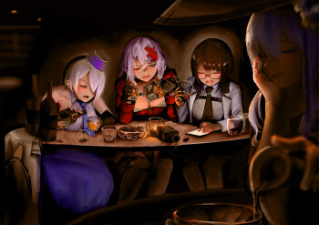 4girls alcohol backless_shirt bandeau bar_(place) bare_shoulders black-framed_eyewear black_gloves black_hair black_necktie black_skirt blue_hat blue_necktie blush breasts brid_(nikke) bridal_gauntlets candle chaps chest_strap cleavage clothing_cutout coat collared_shirt cropped_jacket cup drinking_glass drunk garrison_cap glasses gloves goddess_of_victory:_nikke green_necktie grey_hair hair_between_eyes hair_ornament hair_over_one_eye hairclip hat high-waist_skirt highres holding holding_cup ice ice_cube jacket jingasa lab_coat large_breasts large_hat likered7410 long_hair long_skirt long_sleeves mana_(nikke) medium_hair messy_hair multiple_girls necktie one_eye_closed open_clothes open_coat open_mouth pov red_bandeau scarlet_(nikke) scotch_whisky semi-rimless_eyewear sharp_teeth shirt sideboob sideless_shirt skirt sleeveless stool striped_necktie tablet_pc teeth two-tone_necktie under-rim_eyewear whiskey whisky_glass white_coat yellow_eyes yulha_(nikke)