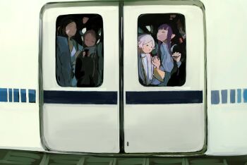 2girls against_window capelet closed_eyes crowded earrings elf fern_(sousou_no_frieren) frieren grey_hair higemu holding holding_phone jewelry multiple_girls people phone pointy_ears purple_hair sousou_no_frieren train white_capelet