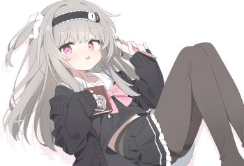 1girl black_cardigan black_hairband black_pantyhose black_skirt blush bow bowtie cardigan commentary_request commission feet_out_of_frame frilled_skirt frills grey_hair hair_ornament hair_scrunchie hairband highres holding holding_notebook holding_pen long_hair long_sleeves looking_at_viewer notebook one_side_up open_cardigan open_clothes open_mouth original pantyhose pen pink_bow pink_bowtie pink_eyes pleated_skirt sailor_collar school_uniform scrunchie serafuku simple_background skeb_commission skirt solo thighband_pantyhose urotsuki_(ku9625) white_background white_sailor_collar white_scrunchie