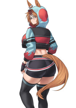 1girl absurdres animal_ears arms_at_sides ass black_gloves black_shorts black_thighhighs blue_hair breasts brown_hair closed_mouth clothing_cutout commentary_request cropped_jacket ear_ornament ears_through_hood feet_out_of_frame fingerless_gloves from_behind fukuro_(maruaru00) gloves grey_hair hair_ornament hair_over_one_eye hairclip highres hood hood_up hooded_jacket horse_ears horse_girl horse_tail jacket legs_apart long_sleeves looking_at_viewer looking_back midriff multicolored_hair multicolored_jacket original personification salios_(racehorse) shorts simple_background solo standing tail tail_through_clothes thighhighs umamusume