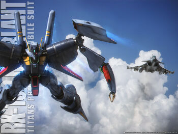 1boy 3d aircraft airplane byalant canards character_name cloud commentary_request dassault_rafale fighter_jet flying gundam helmet highres lolicon_(lolicon42051636) machinery mecha military_vehicle missile mobile_suit oxygen_mask photoshop_(medium) pilot pilot_suit realistic robot thrusters titans_(gundam) when_you_see_it zeta_gundam zeta_gundam_define