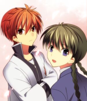 Rule 34 | 1boy, 1girl, black hair, blue eyes, braid, haori, highres, jacket, japanese clothes, kyoukai no rinne, long hair, mamiya sakura, open mouth, red eyes, red hair, rokudou rinne, school uniform, short hair, twintails