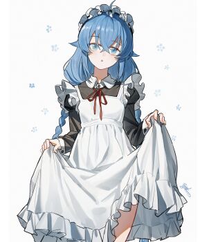 1girl :o absurdres ahoge apron apron_lift blue_eyes blue_hair braid braided_twintails chinese_commentary clothes_lift collared_dress commentary crossed_bangs dress dress_lift expressionless grey_background hair_between_eyes head_tilt highres juliet_sleeves long_sleeves looking_at_viewer low_twintails maid maid_apron maid_headdress mushoku_tensei open_mouth puffy_sleeves roxy_migurdia solo straight-on twin_braids twintails yisjhui