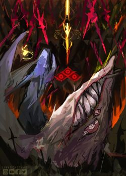 battle colored_sclera eldritch_abomination enryu extra_eyes eye_print fang giant giant_monster highres holding holding_weapon horns lunaticmoonart monster multiple_weapons original polearm red_eyes red_sclera ruins sharp_teeth short_hair spear teeth torn tower_of_god weapon white_eyes