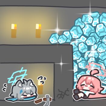 Rule 34 | !, 2girls, ahoge, animal ear fluff, animal ears, block (minecraft), blue archive, blue halo, blue scarf, chibi, chibi only, closed eyes, commentary, diamond (minecraft), digging for diamonds (meme), grey hair, hair between eyes, hair ornament, halo, highres, hoshino (blue archive), ishikoro24, korean commentary, long hair, lying, meme, minecraft, minecraft pickaxe, multiple girls, on back, parody, pickaxe, pink hair, scarf, shiroko (blue archive), torch, wolf ears, wolf girl, x hair ornament