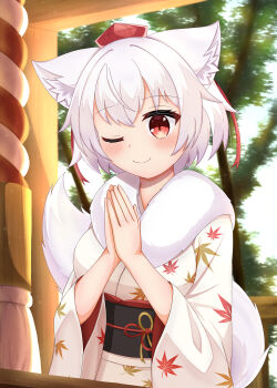 1girl absurdres animal_ear_fluff animal_ears asutoral blush breasts commentary_request eyelashes hair_between_eyes happy hat highres inubashiri_momiji large_tail leaf leaf_print long_tail maple_leaf new_year one_eye_closed own_hands_together praying red_eyes red_hat shrine smile tail tengu touhou white_hair wolf_ears wolf_girl wolf_tail