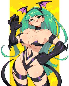 1girl bare_shoulders bat_wings black_hairband breasts capcom commentary cosplay darkstalkers felicia_(darkstalkers) felicia_(darkstalkers)_(cosplay) green_eyes green_hair hairband hand_on_own_hip large_breasts long_hair looking_at_viewer morrigan_aensland navel qewie revealing_clothes seductive_smile smile solo tongue tongue_out winged_hairband wings