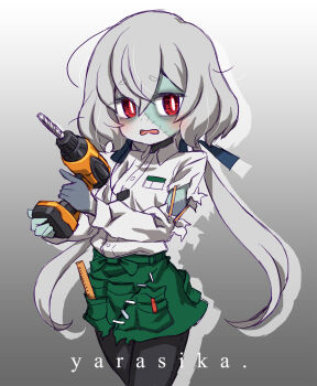 1girl apron black_pants blue_skin bright_pupils chaki_(teasets) collared_shirt colored_skin commentary cowboy_shot detached_sleeves drill employee_uniform gradient_background green_apron green_skin grey_background grey_hair grey_skin hair_ribbon highres holding konno_junko kunreishiki long_sleeves low_twintails name_tag open_mouth pants patchwork_clothes patchwork_skin red_eyes ribbon romaji_text ruler shirt single_detached_sleeve solo torn_clothes torn_shirt twintails zombie zombie_land_saga