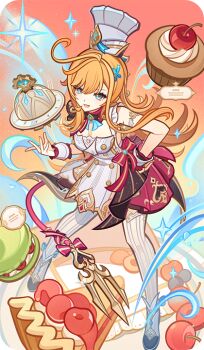 Rule 34 | 1girl, apron, aqua eyes, bad source, black shoes, bow, cake, chef, chef hat, dress bow, escoffier (genshin impact), food, fork hair ornament, fruit, genshin impact, hand on own hip, hat, heart, heart in eye, long hair, looking at viewer, official art, open mouth, orange hair, shoes, smile, solo, standing, striped clothes, striped thighhighs, symbol in eye, tail, thighhighs, white apron, white hat, white thighhighs