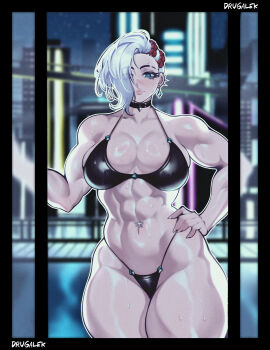 1girl abs absurdres artist_name bare_arms bare_shoulders biceps bikini black_bikini black_border black_choker blurry blurry_background border braid breasts choker closed_mouth cowboy_shot ear_piercing earrings eyes_visible_through_hair glint green_eyes grey_hair hair_over_one_eye hand_on_own_hip highleg highleg_bikini highres jewelry large_breasts legs_together light_smile looking_at_viewer milka01477 multicolored_hair muscular muscular_female navel_piercing night original piercing pool poolside red_hair shiny_skin solo spiked_ear_piercing standing string_bikini swimsuit thick_thighs thighs two-tone_hair water_drop wet