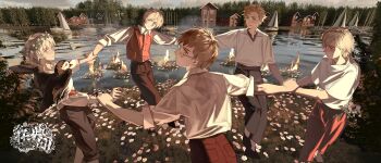 5boys absurdres animal_on_arm axis_powers_hetalia bird bird_on_arm blonde_hair blue_eyes circle_dance collared_shirt cross_hair_ornament day denmark_(hetalia) finland_(hetalia) flower flower_wreath glasses hair_ornament highres holding_hands iceland_(hetalia) lake male_focus midsummer multiple_boys musan312 norway_(hetalia) open_mouth outdoors pants photo_background puffin purple_eyes shirt short_hair short_sleeves smile sweden sweden_(hetalia) vest