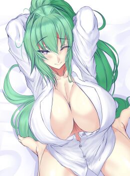 1girl alternate_costume arms_behind_head arms_up barefoot breasts cleavage commentary_request green_hair green_heart_(neptunia) hair_between_eyes highres huge_breasts ill_(0022) light_blush long_hair looking_at_viewer mature_female neptune_(series) one_eye_closed partially_unbuttoned ponytail power_symbol power_symbol-shaped_pupils purple_eyes shirt sitting smile solo symbol-shaped_pupils very_long_hair wariza white_shirt