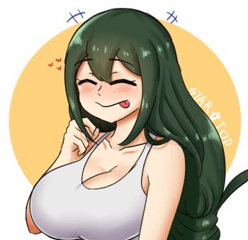 1girl artist_name asui_tsuyu bare_shoulders blush boku_no_hero_academia breasts cleavage closed_eyes collarbone female_focus green_hair hair_between_eyes heart highres large_breasts long_hair smile solo startop tank_top tongue tongue_out white_tank_top