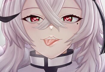 1girl assertive_female azur_lane blush fur_trim gangut_(azur_lane) hair_between_eyes hat heart heart-shaped_pupils highres incoming_kiss long_hair mikumaushi military military_uniform mole mole_under_eye naval_uniform open_mouth pov red_eyes symbol-shaped_pupils tongue tongue_out white_hair white_hat