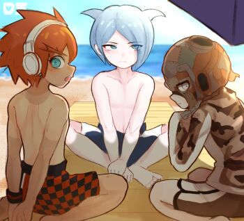 3boys arms_behind_back arms_in_front bare_back bare_pectorals barefoot beach beach_umbrella black_male_swimwear black_swim_trunks blue_eyes blue_hair blue_horns blue_male_swimwear blue_shorts blue_swim_trunks blush brown_male_swimwear brown_shorts brown_swim_trunks camouflage camouflage_jacket checkered_clothes checkered_male_swimwear checkered_shorts checkered_swimsuit child closed_mouth collarbone daimon_masaru_(digimon_savers) danganronpa_(series) danganronpa_another_episode:_ultra_despair_girls danganronpa_s:_ultimate_summer_camp despair_sauce_(artist) eyes_visible_through_hair feet grey_eyes hands_up headphones horns jacket kemuri_jataro kneeling legs looking_at_viewer male_swimwear mask mask_on_head medium_hair multicolored_male_swimwear multicolored_swim_trunks multicolored_swimsuit multiple_boys navel ocean on_ground open_mouth pale_skin pectorals print_male_swimwear print_swim_trunks print_swimsuit red_hair red_male_swimwear red_swim_trunks sand shingetsu_nagisa short_hair shorts shoulder_blades sitting swim_trunks swimsuit tan tanline tongue topless_female turning_head umbrella white_headwear