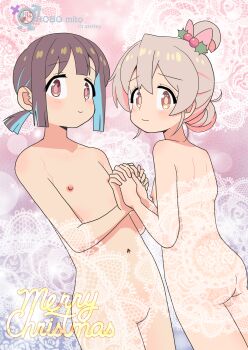2girls absurdres ahoge artist_name ass blue_hair breasts brown_eyes brown_hair commentary completely_nude cowboy_shot flat_chest grey_hair hair_between_eyes hair_bun hair_ornament hair_up highres holding_hands holly_hair_ornament hozuki_momiji interlocked_fingers light_blush loli looking_at_viewer male-female_symbol merry_christmas multicolored_hair multiple_girls navel nipples no_pussy nude onii-chan_wa_oshimai! oyama_mahiro pink_hair ponytail robomito short_hair short_ponytail small_breasts smile two-tone_hair yuri