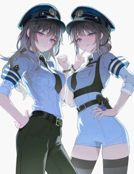 2girls :q absurdres armband belt black_necktie black_pants blue_eyes blue_shirt breast_pocket breasts brown_hair brown_thighhighs chest_harness closed_mouth collared_shirt commentary cowboy_shot cuffs hair_bun hand_on_own_hip handcuffs harness hat highres long_hair looking_at_viewer medium_breasts multiple_girls myabit necktie original pants pocket police_hat shirt shirt_tucked_in smile standing thighhighs tongue tongue_out white_shirt