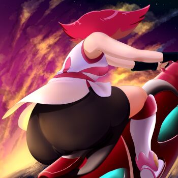 1girl absurdres ass ass_focus bare_shoulders black_shorts breasts butt_crack cameltoe creedle driving highres huge_ass kouzuki_anna large_breasts medium_hair multicolored_hair orange_hair pointy_hair red_hair shiny_skin shorts skin_tight sky solo two-tone_hair wide_hips yellow_eyes yu-gi-oh! yuu-gi-ou yuu-gi-ou_zexal