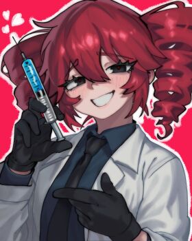 1girl black_eyes black_gloves black_necktie blue_shirt blush collared_shirt commentary drill_hair gloves grin hair_between_eyes hand_up heart heart_in_eye highres holding holding_syringe jacket kasane_teto linnees_waos long_sleeves looking_at_viewer medium_hair necktie outline portrait raised_inner_eyebrows red_background red_hair shirt simple_background smile solo symbol_in_eye syringe twin_drills utau white_jacket white_outline