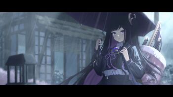 1girl absurdres bamboo_screen black_hair black_serafuku black_shirt black_skirt blunt_bangs breasts chitose_(stella_sora) colored_inner_hair commentary english_commentary futon gem gold_trim grey_sky hair_ornament hand_up highres holding holding_strap holding_umbrella house katana long_hair long_sleeves looking_at_viewer mole mole_under_eye multicolored_hair multiple_swords nail_polish outdoors parted_lips phesca pleated_skirt purple_eyes purple_gem purple_hair purple_nails purple_trim rain school_uniform serafuku shirt shirt_tucked_in skirt sky solo star_(symbol) stella_sora strap sword umbrella under_umbrella very_long_hair weapon weapon_on_back white_shirt