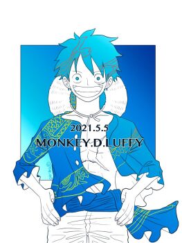1boy 70p_w0 blue_background blue_hair blue_theme border character_name commentary_request dated hands_on_own_hips hat looking_at_viewer male_focus monkey_d._luffy one_piece open_clothes open_shirt scar scar_on_chest scar_on_face short_hair smile solo straw_hat white_border