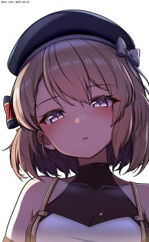1girl absurdres artist_name azur_lane bare_shoulders beret black_hat blush bow breasts brown_hair commentary_request dated dress hair_between_eyes hat hat_bow head_tilt highres looking_at_viewer medium_breasts parted_lips purple_eyes rock_zinc see-through_cleavage see-through_clothes simple_background solo striped_bow upper_body white_background white_bow white_dress z23_(azur_lane)