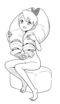 1girl bow commentary_request completely_nude drill_hair greyscale hair_bow heriyama highres loli long_hair luna_platz_(mega_man) mega_man_(series) mega_man_star_force_(series) monochrome nude open_mouth simple_background sitting smile twin_drills very_long_hair white_background
