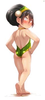 1girl angry ass avatar:_the_last_airbender avatar_legends bare_back barefoot black_hair blind blush born-to-die closed_mouth feet flat_chest from_behind green_one-piece_swimsuit grey_eyes hair_between_eyes hairband hands_on_own_hips highres loli looking_to_the_side nickelodeon one-piece_swimsuit puddle short_hair simple_background soles solo standing swimsuit toph_beifong wet white_background