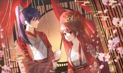 Rule 34 | 1boy, 1girl, bed, blue eyes, brown hair, canopy bed, chinese clothes, chinese text, closed mouth, commission, dress, duijin ruqun, fine (futagohime), flower, gold headwear, hair ornament, hair rings, hanfu, high ponytail, highres, jiaoling ruqun, long hair, long sleeves, looking at another, original, ponytail, red eyes, red hair, yanshangshuang