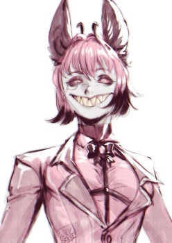 1girl absurdres alastor_(hazbin_hotel) animal_ears antlers blackberreh-art bow bowtie colored_sclera colored_teeth commentary deer_antlers deer_ears deer_girl demon_girl english_commentary evil_grin evil_smile formal_clothes genderswap genderswap_(mtf) grin hazbin_hotel hellaverse highres horns monocle multicolored_hair red_eyes red_hair red_sclera red_suit sharp_teeth shirt short_hair smile solo suit teeth yellow_teeth