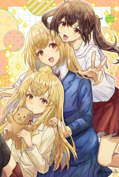 3girls abstract_background artist_name blazer blonde_hair blue_jacket blue_sky brown_eyes brown_hair brown_jacket closed_mouth collared_shirt commentary_request crossed_bangs double-parted_bangs holding holding_stuffed_toy jacket light_frown long_hair long_sleeves looking_at_viewer minami-ke minami_chiaki minami_haruka minami_kana multiple_girls okurasato open_mouth pleated_skirt red_skirt sailor_collar school_uniform serafuku shirt siblings sisters skirt sky smile stuffed_animal stuffed_toy teddy_bear watermark watermark_grid white_sailor_collar white_shirt wing_collar yellow_eyes
