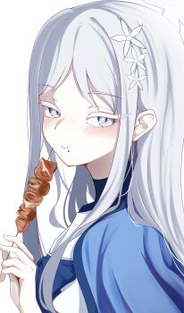 Rule 34 | 1girl, :t, absurdres, blue archive, blush, closed mouth, colored eyelashes, commentary request, eating, food, food on face, from side, grey eyes, grey hair, hair ornament, hand up, highres, holding, holding food, long hair, looking at viewer, nagusa (blue archive), parted bangs, rei hinasuki, sailor collar, school uniform, serafuku, sidelocks, simple background, snowflake hair ornament, solo, straight hair, very long hair, white background, white eyelashes, white sailor collar, yakitori