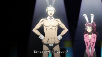 2boys 2girls abs animal_ears animated animated_gif black_male_swimwear black_swim_briefs blonde_hair bow brown_hair collar fake_animal_ears kujikawa_rise lowres male_swimwear marie_(persona_4) multiple_boys multiple_girls narukami_yu persona persona_4 persona_4_the_golden playboy_bunny rabbit_ears subtitled swim_briefs swimsuit tailcoat tatsumi_kanji twintails