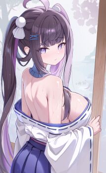 Rule 34 | 1girl, absurdly detailed composition, absurdres, ahoge, anger vein, back, black hair, blue eyes, blue skirt, breasts, chitose (stella sora), cleavage, commentary, gate, highres, japanese clothes, kimono, large breasts, long hair, long sleeves, looking back, low neckline, miko, multicolored hair, night known, skirt, solo, stella sora, sweat, thighhighs, twintails, two-tone hair, white kimono