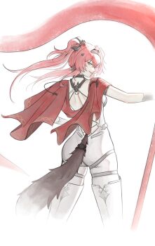 1girl absurdres ass back black_bow bodysuit bow breasts commentary deardd earrings from_behind hair_bow hairband highres jewelry long_hair looking_at_viewer looking_back lupa_(wuthering_waves) median_furrow medium_breasts metal_hairband parted_lips pink_hair red_sash sash shoulder_blades simple_background smile solo tail white_background white_bodysuit wolf_tail wuthering_waves yellow_eyes