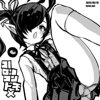 1girl backbeako_(torotei) backbeard blush chestnut_mouth collared_shirt commentary dated dated_commentary dutch_angle gegege_no_kitarou greyscale hair_over_one_eye hair_ribbon head_tilt knee_up kneehighs kono_lolicon_domome long_hair long_sleeves looking_at_viewer monochrome neck_ribbon open_mouth original paid_reward_available panties pantyshot petite pointy_ears ribbon shirt simple_background skindentation skirt socks solo suspender_skirt suspenders torotei translated twintails underwear watermark web_address white_background